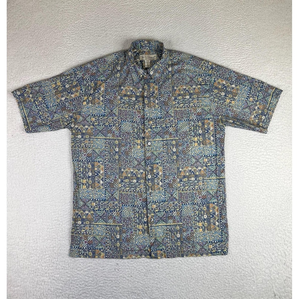 Tori Richard Shirt Mens Small Blue Geometric Hawaiian Short Sleeve Button Up USA